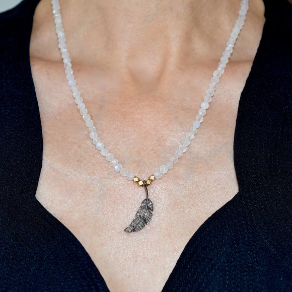 Sterling Silver and 14k Gold Filled Moonstone & Diamond Leaf Necklace - Picture 2 of 5